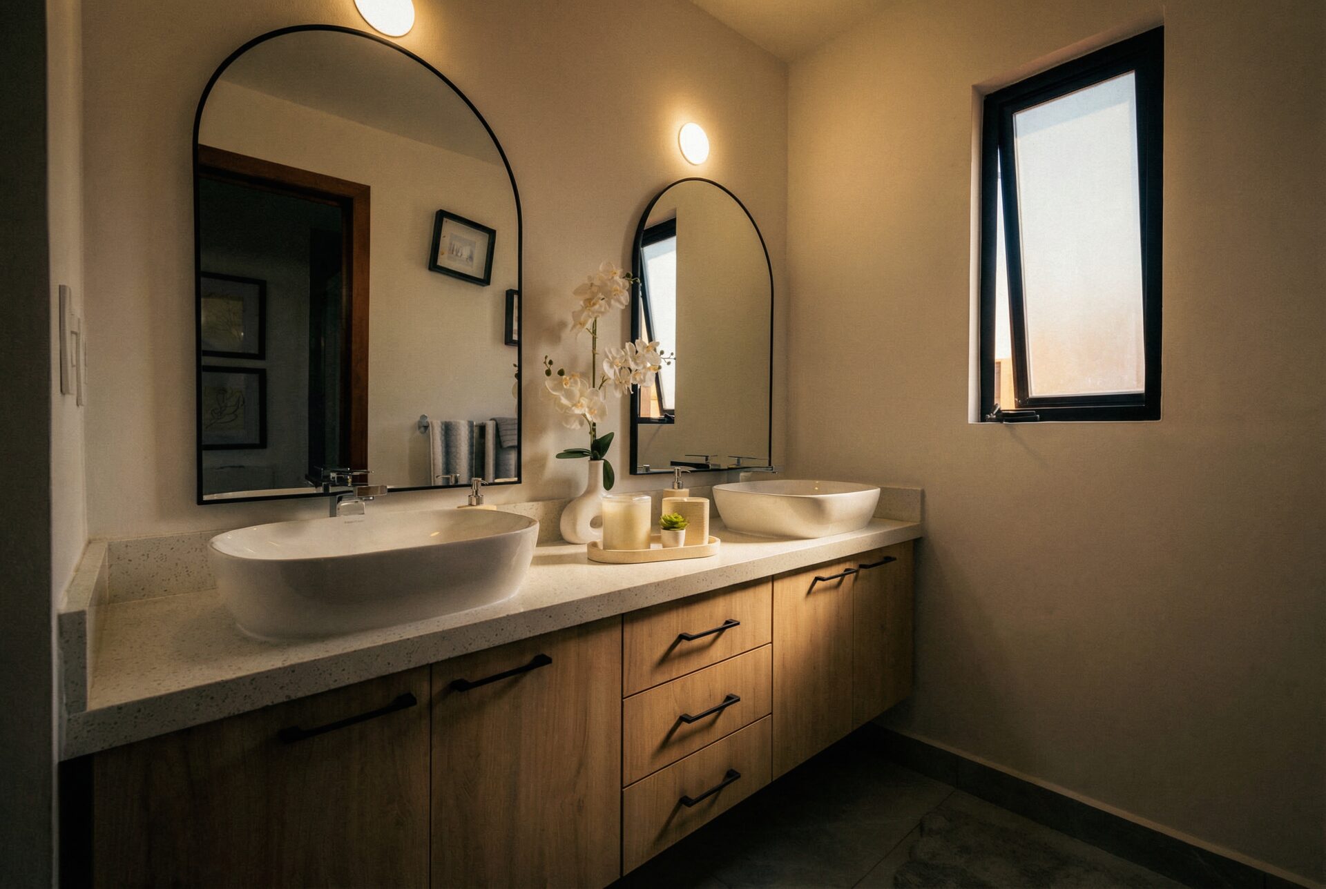 Baño doble lavabo con espejos de arco