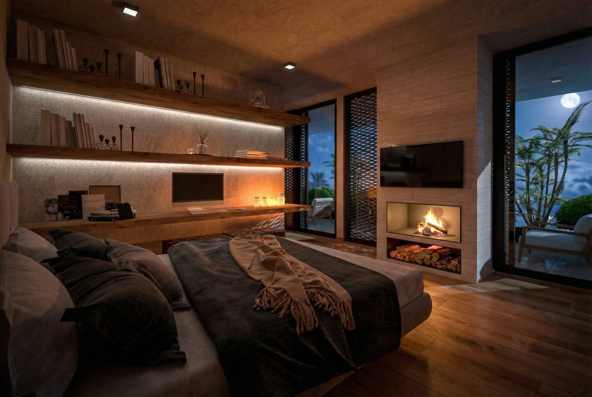 Recámara principal con chimenea y terraza